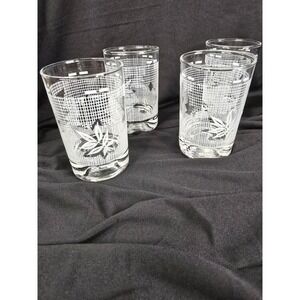 Vintage Mid Century White Frosted Leaf Grid Juice‎ Glasses Set of 4 Clear Retro